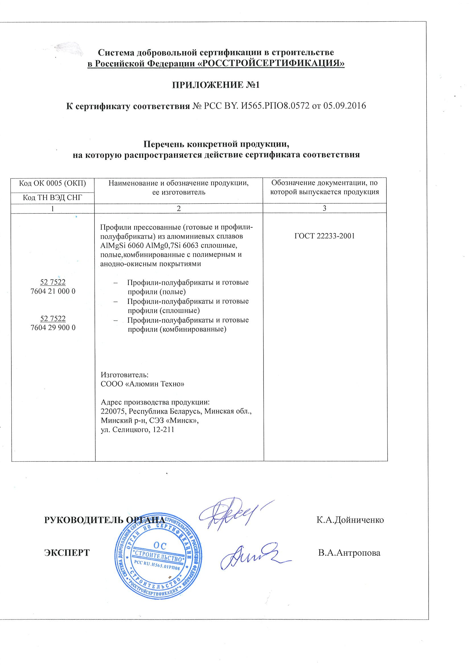 Сертификат соответствия профиль Алютех